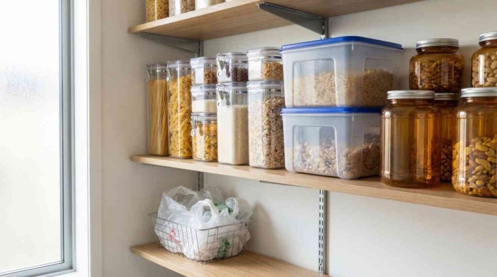 Alt Text:
Organized pantry showing rigid airtight containers and PET jars protecting food from roach damage, with thin plastic bags set aside
