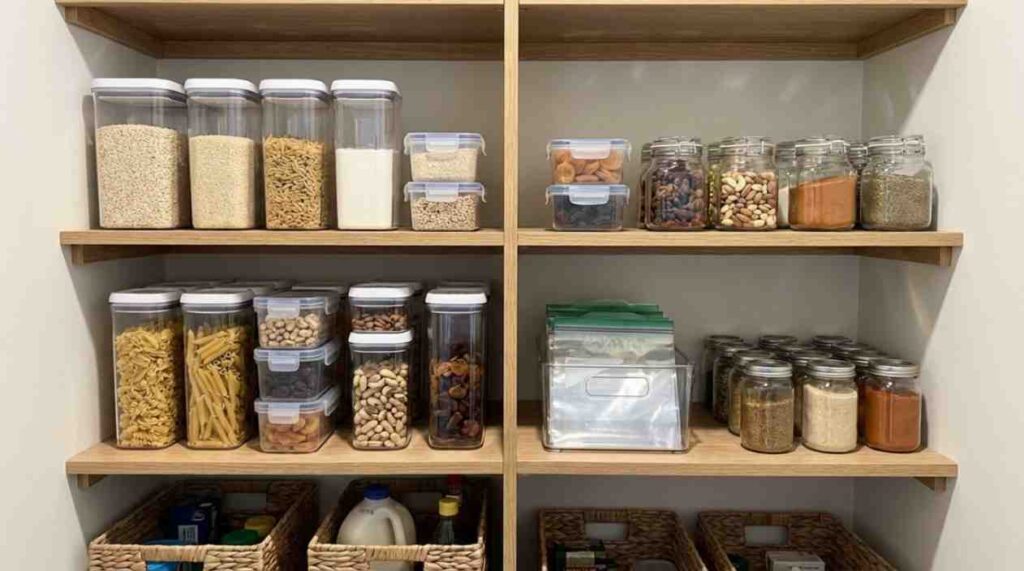 Organized pantry with airtight containers and PET jars showing improved hygiene, reduced odors, and protection from contamination