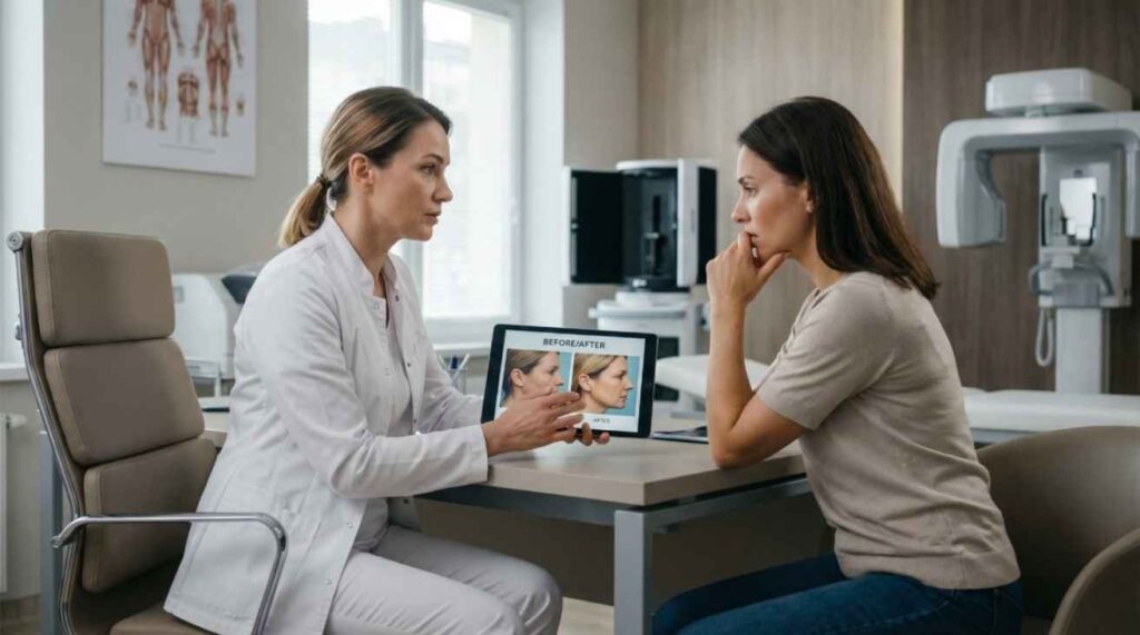 Patient consulting a plastic surgeon discussing complications and legal options, illustrating 'Can You Sue a Plastic Surgeon for Bad Results'.