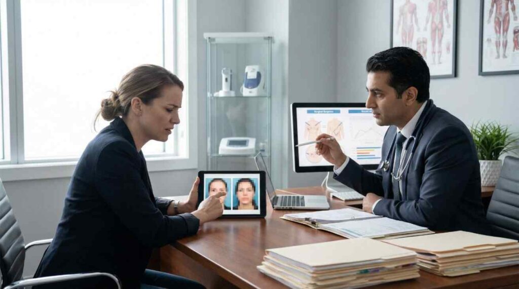 Patient reviewing medical records and before-and-after photos with a plastic surgeon, illustrating 'Can You Sue a Plastic Surgeon for Bad Results' and the importance of evidence in malpractice cases.