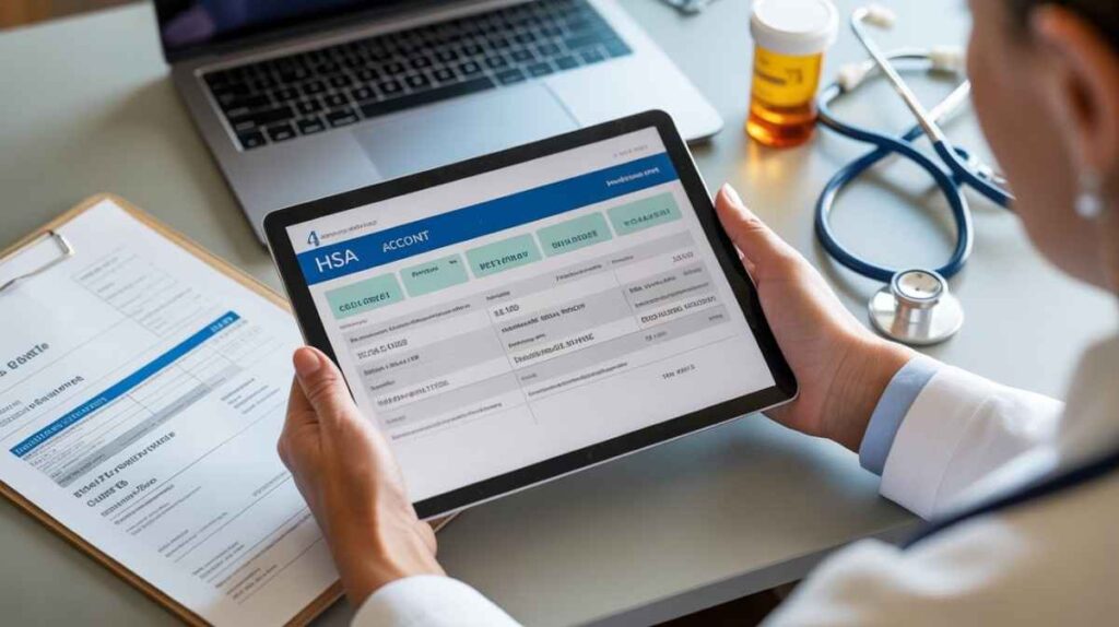 Realistic image of a person reviewing HSA account and medical paperwork, illustrating Can You Use HSA for Plastic Surgery and understanding eligible medical expenses.