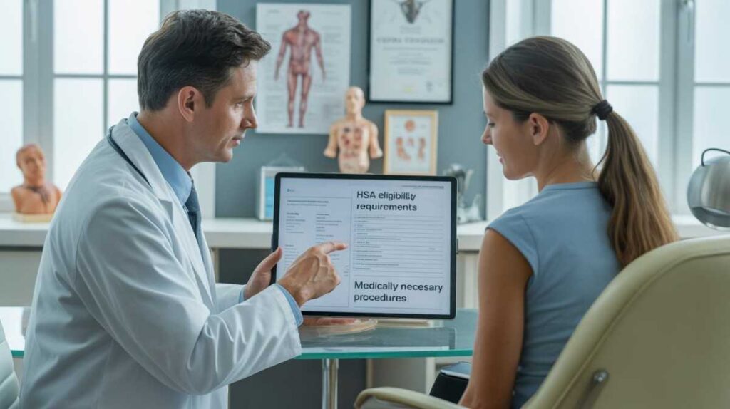 Realistic image of a plastic surgeon consulting a patient about reconstructive surgery, illustrating Can You Use HSA for Plastic Surgery when medically necessary.
