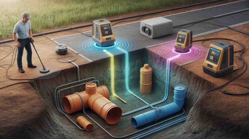 Can a Metal Detector Detect Plastic – realistic image showing GPR, X-ray, tracer wires, and ultrasound detecting plastic objects that metal detectors cannot detect.