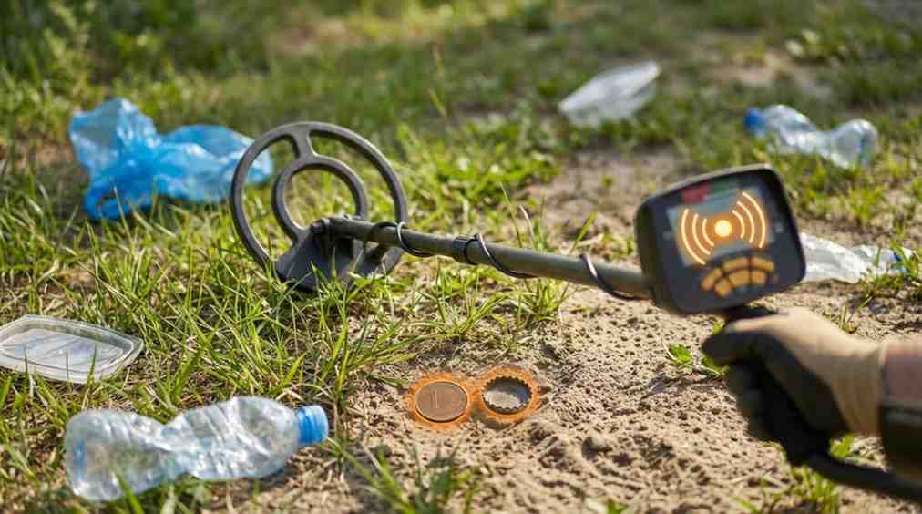 Can a Metal Detector Detect Plastic – realistic image showing a metal detector detecting metal while plastic items remain invisible, highlighting detection limits.