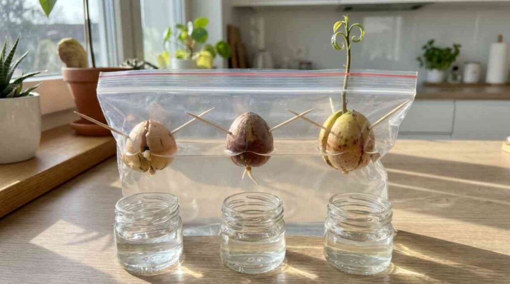 Stages of avocado seed germination in a clear plastic bag showing root and stem growth