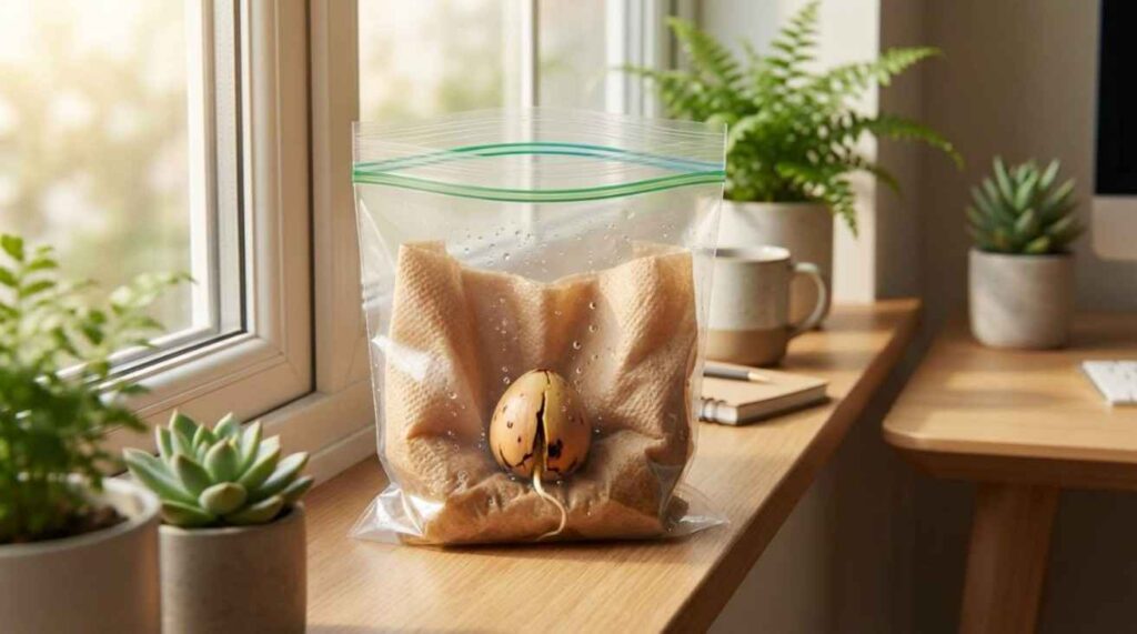 Partially sprouted avocado seed in a plastic bag with paper towel, showing moisture and air circulation for healthy growth