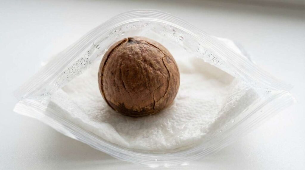 "Fresh avocado seed placed on a damp paper towel inside a resealable plastic bag, showing the plastic bag method for successful seed germination."