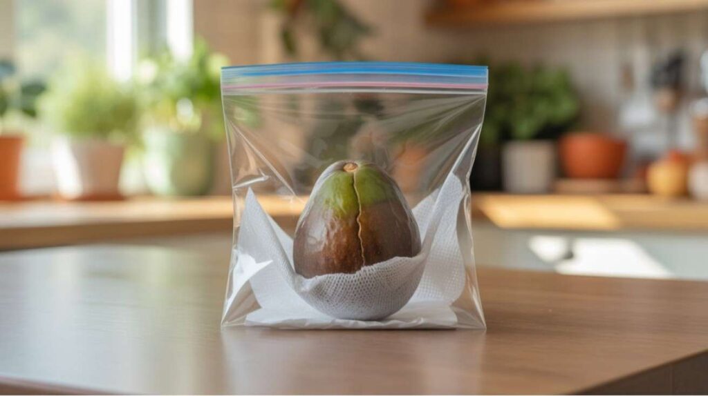 Avocado seed wrapped in a damp paper towel inside a resealable plastic bag, placed in a warm, dark spot to safely sprout using the plastic bag method.