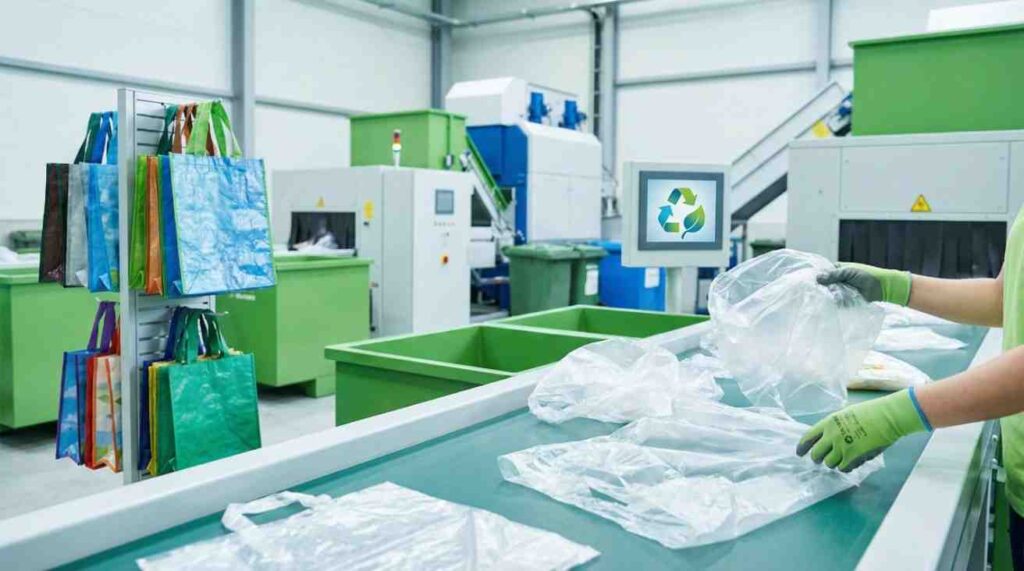 Plastic bags being recycled at a facility with reusable bags and eco-friendly icons, illustrating sustainable packaging practices.