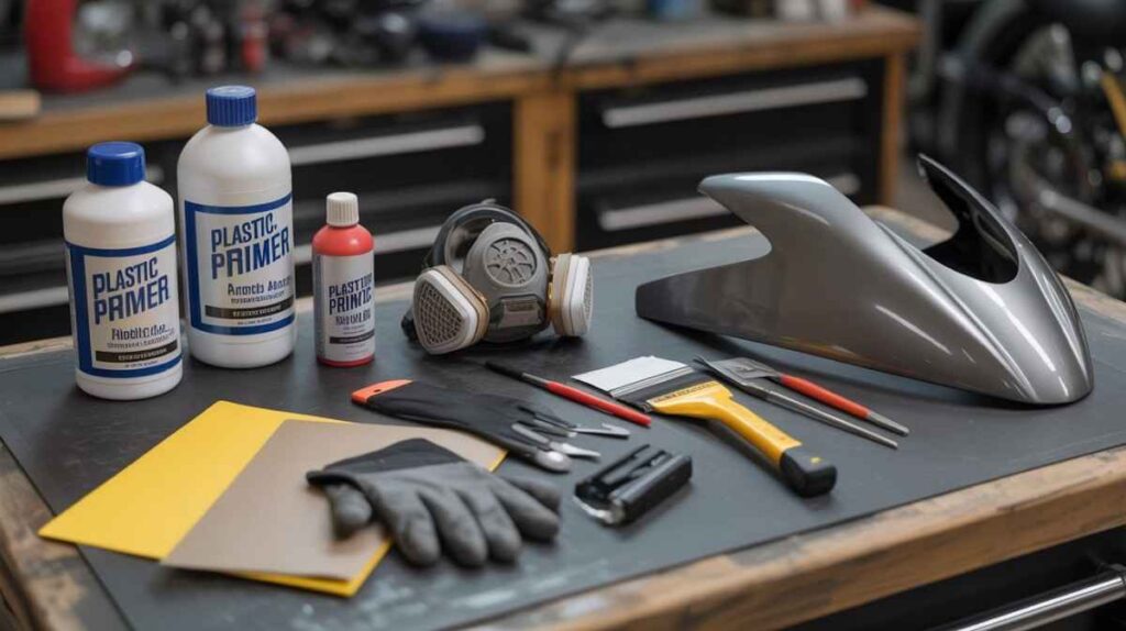 Realistic image of tools and materials needed for painting motorcycle plastics, including sandpaper, safety gear, adhesion promoter, primer, paint, and clear coat.