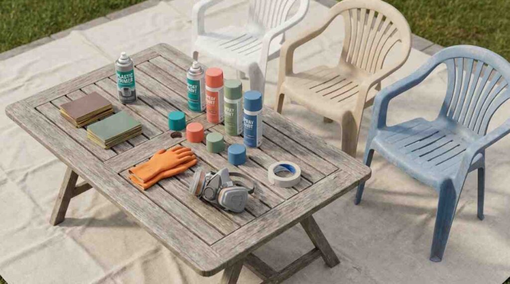 Materials and tools needed for painting outdoor plastic chairs for a smooth DIY finish