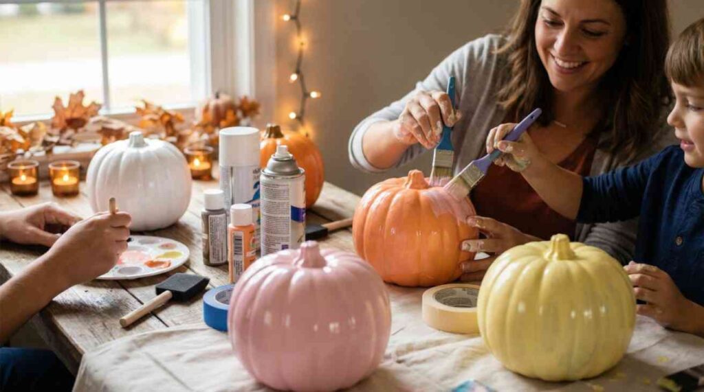 Painting Plastic Pumpkins for fall and Halloween décor using acrylic paints and brushes in a safe, creative DIY crafting setup