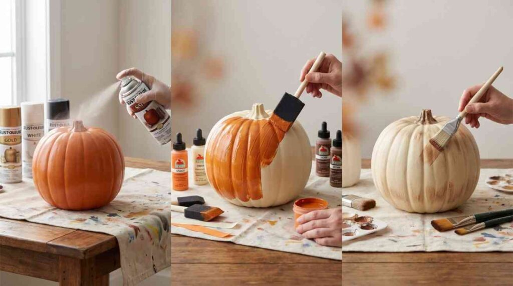 Painting Plastic Pumpkins using spray paint, brush painting, and dry brushing techniques