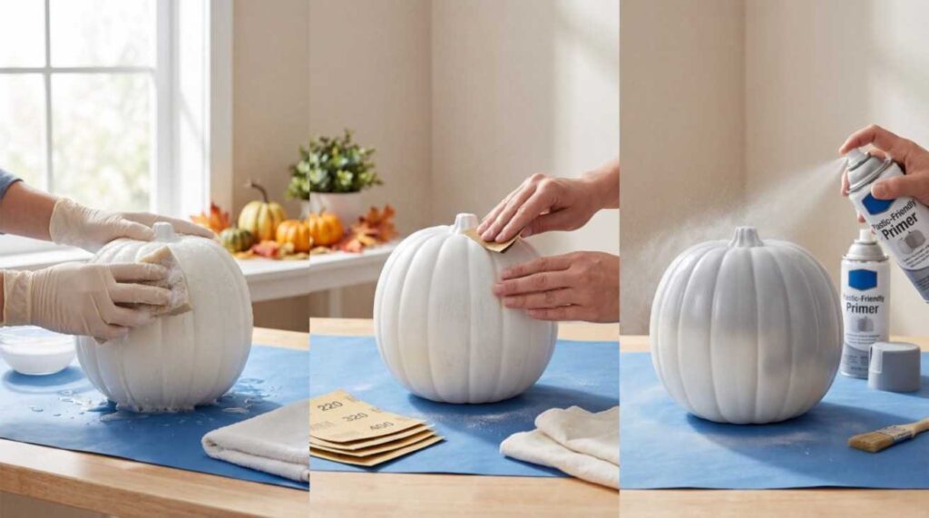 Preparing for painting plastic pumpkins by cleaning, sanding, and priming for long-lasting DIY fall décor
