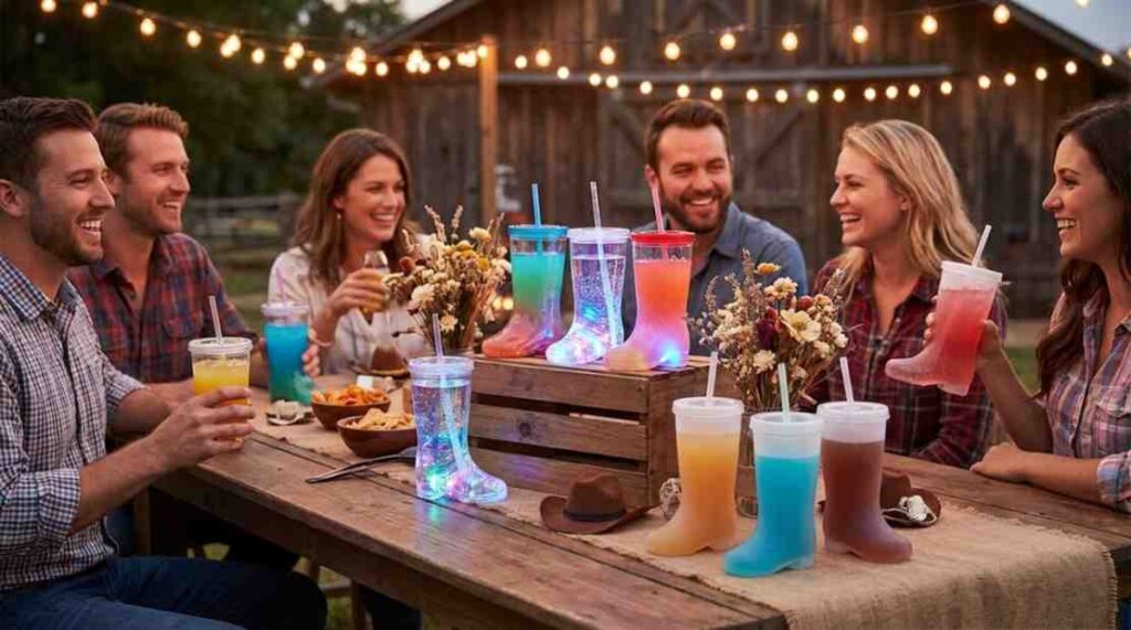 Plastic boot cups in different sizes with lids, straws, and colorful drinks at a western-themed party