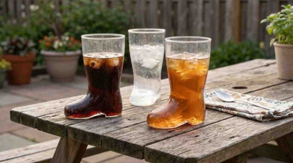 Plastic boot cups shown for cold drinks, highlighting scratches over time and limited use for formal settings