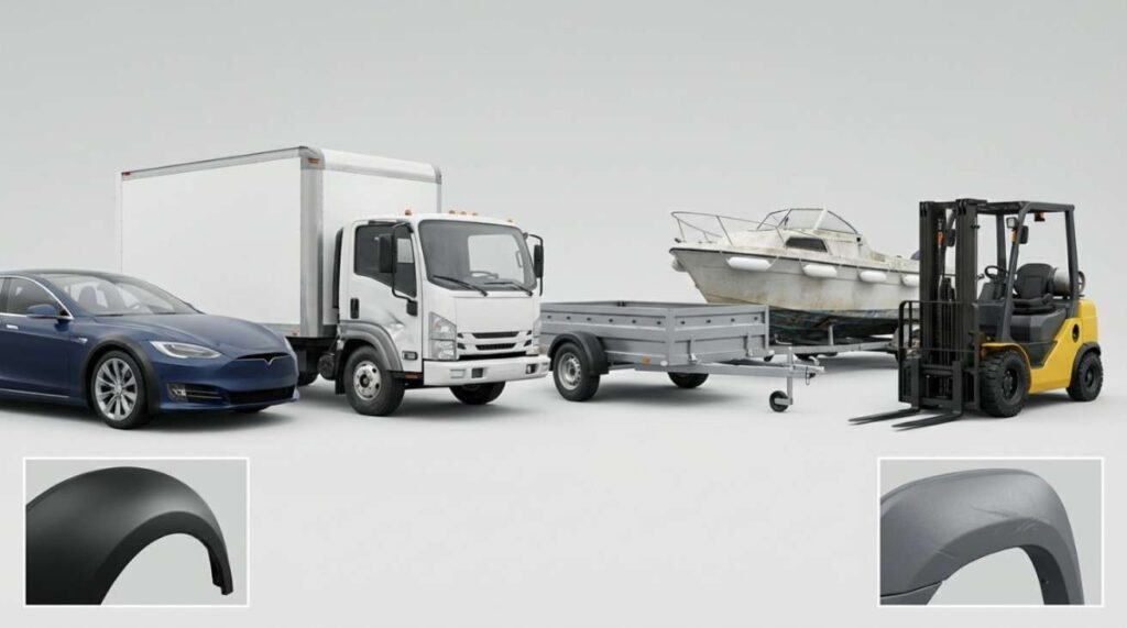 Plastic Fenders showing benefits like lightweight, corrosion-resistant, flexible, and durable protection on vehicles, trailers, and boats