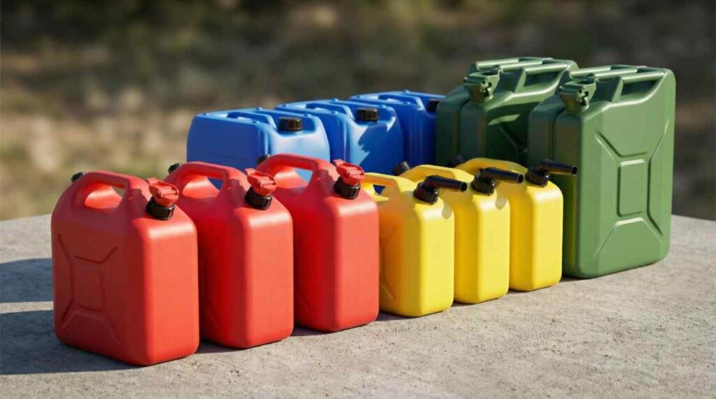 Plastic fuel containers including jerry cans and portable gasoline and diesel containers arranged outdoors, showing safe, reliable, and user-friendly fuel storage options.