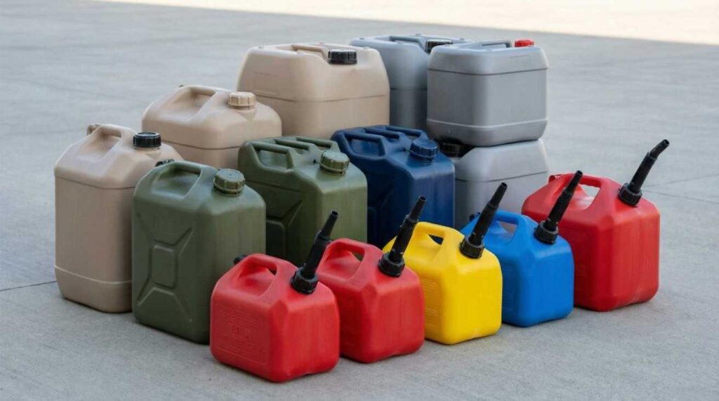 Different types of plastic fuel containers including portable jerry cans, large HDPE storage containers, and spill-proof gasoline and diesel fuel cans for safe fuel storage.