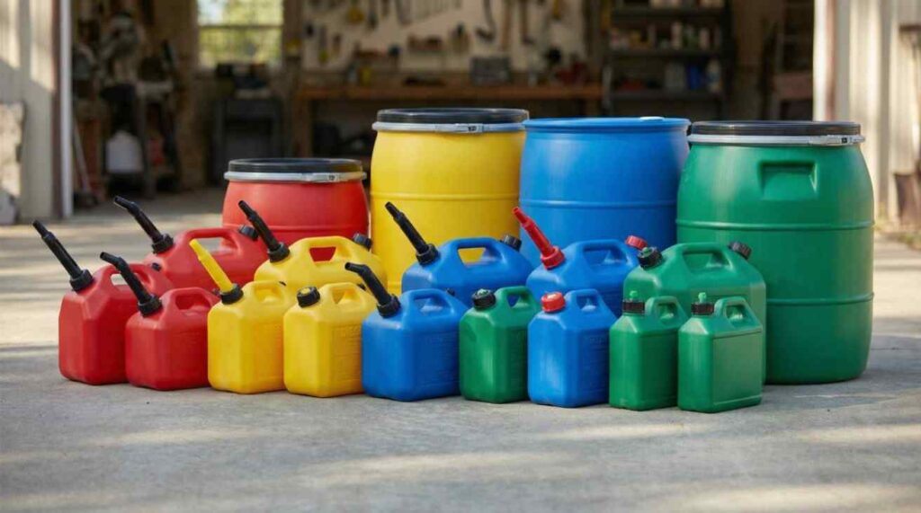 Selection of plastic fuel containers including portable jerry cans and large HDPE fuel storage containers with spill-proof spouts and color coding for gasoline and diesel.