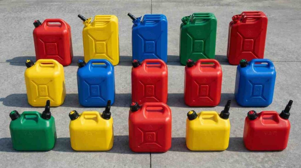 Certified plastic fuel containers including jerry cans and portable gasoline and diesel containers with flame mitigation devices and vented caps for safe fuel storage.