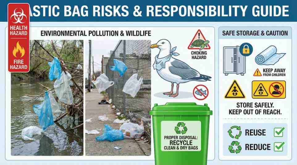 Plastic bags discarded in the environment with recycling bin and warning symbols, illustrating pollution, wildlife risks, and safety hazards.