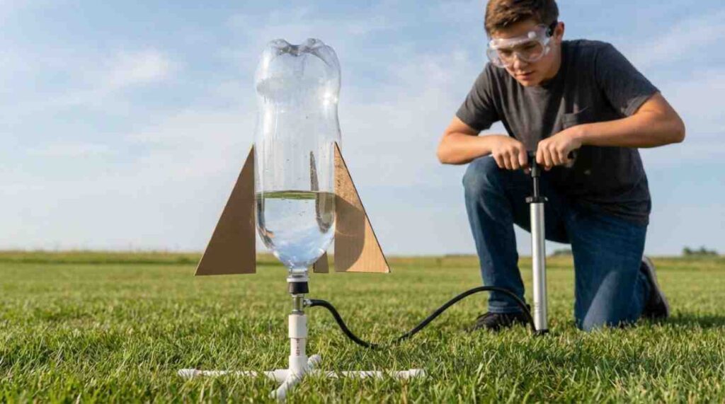 Rocket from Plastic Bottle showing step-by-step setup with fins, water, stopper, and air pump for safe DIY launch