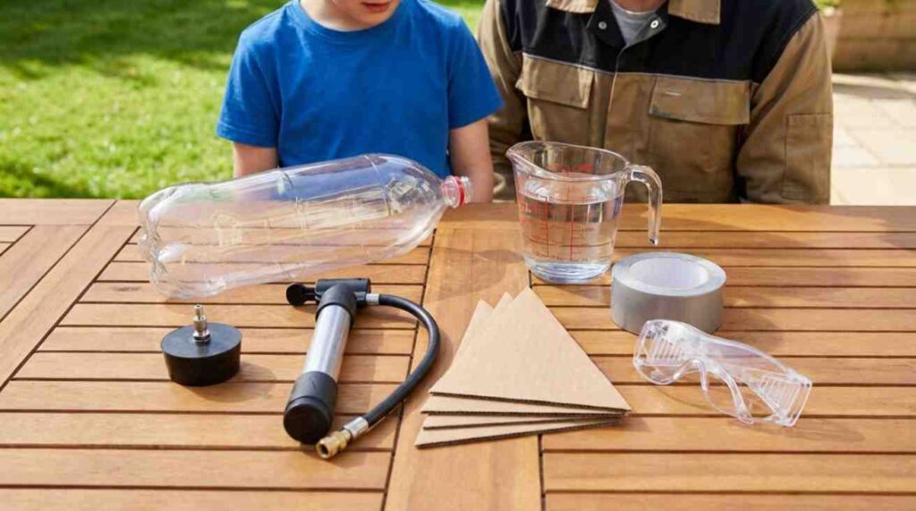 Rocket from Plastic Bottle materials including soda bottle, water, fins, pump, tape, and safety goggles for DIY launch