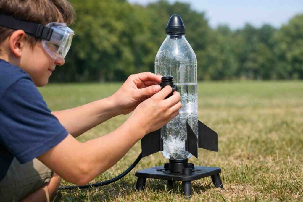 Rocket from Plastic Bottle showing safety tips like wearing goggles, proper water fill, and aligned fins for safe DIY launch