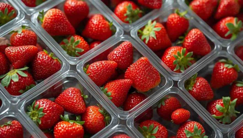 Plastic Strawberry Containers showing stackable design, proper ventilation, strong hinges, food-safe material, and correct size for fresh strawberries