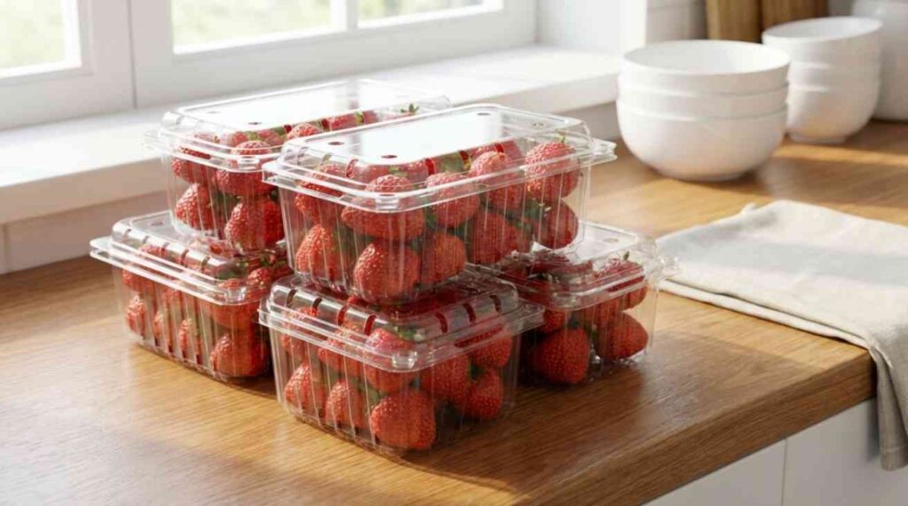 Fresh red strawberries packed in clear plastic strawberry containers, showing ventilation holes and stacked neatly on a kitchen counter for hygienic storage."