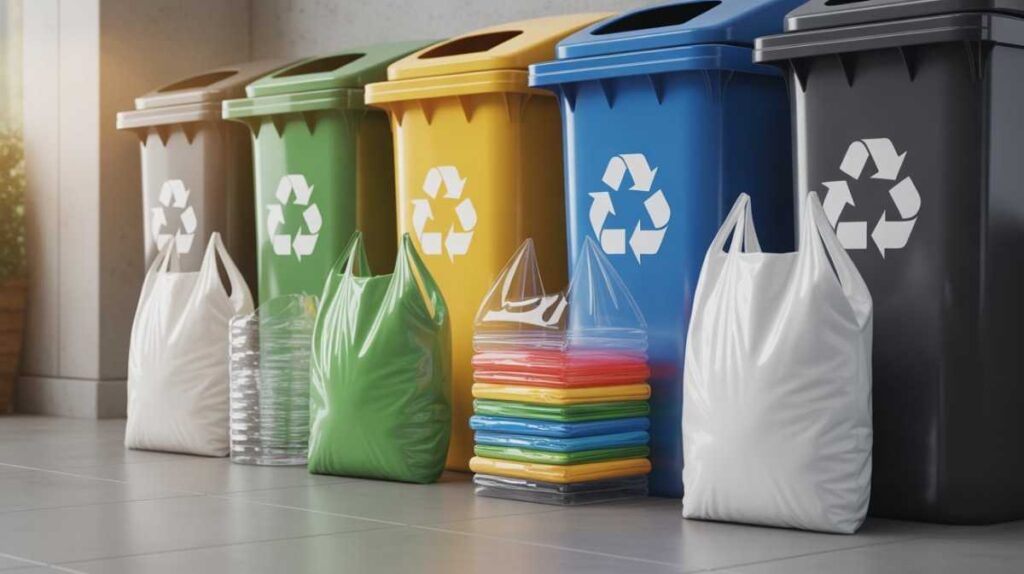 Plastic bags sorted near a recycling bin, showing clean recyclable bags and rejected non-recyclable types