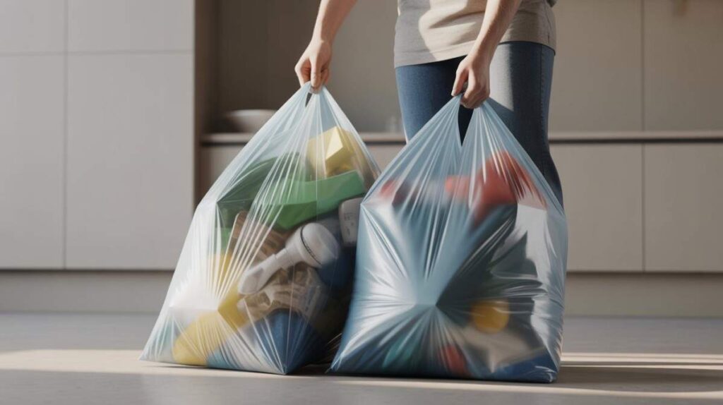 Durable plastic bags used for heavy-duty storage and waste handling, showing strength and resistance to tearing
