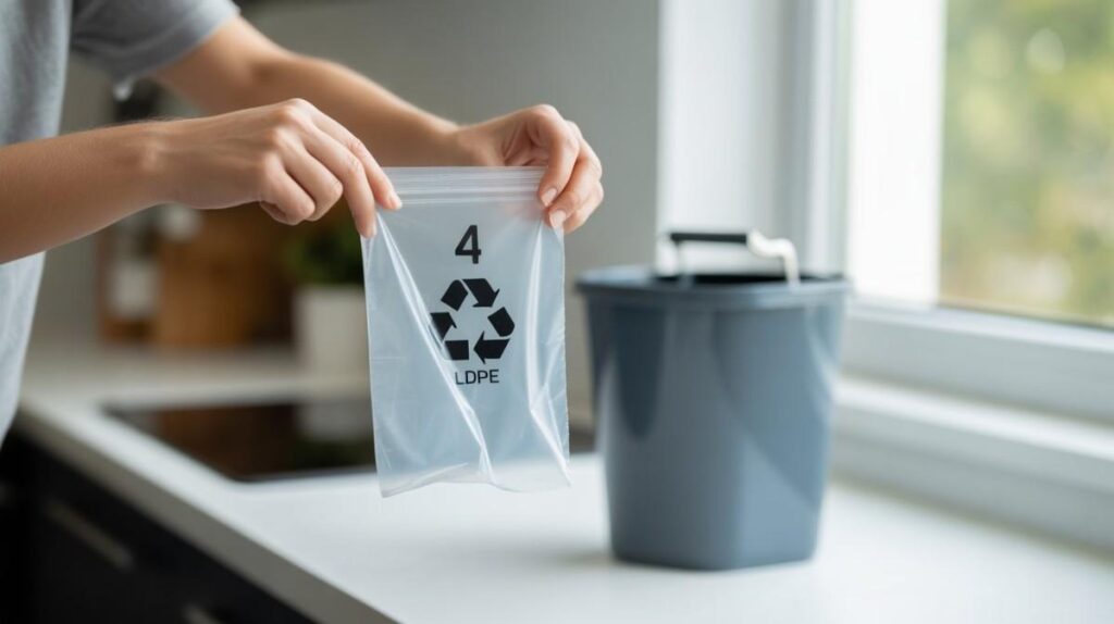 Person checking recycling codes on a clean plastic bag before disposing it in a recycling bin