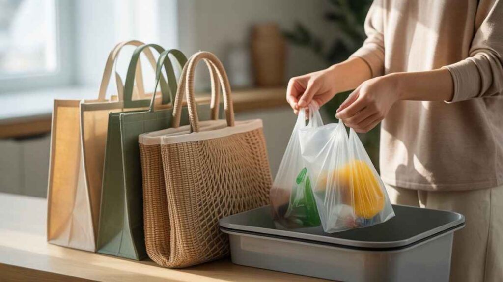 Reusable cloth bags and repurposed plastic bags used for storage, showing responsible alternatives when recycling is not possible