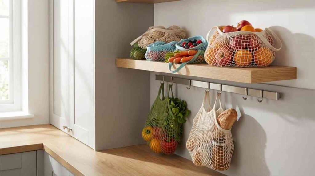 Plastic mesh bags used for groceries, fruits, vegetables, and household items, highlighting their durability, breathability, portability, and versatility for everyday use.