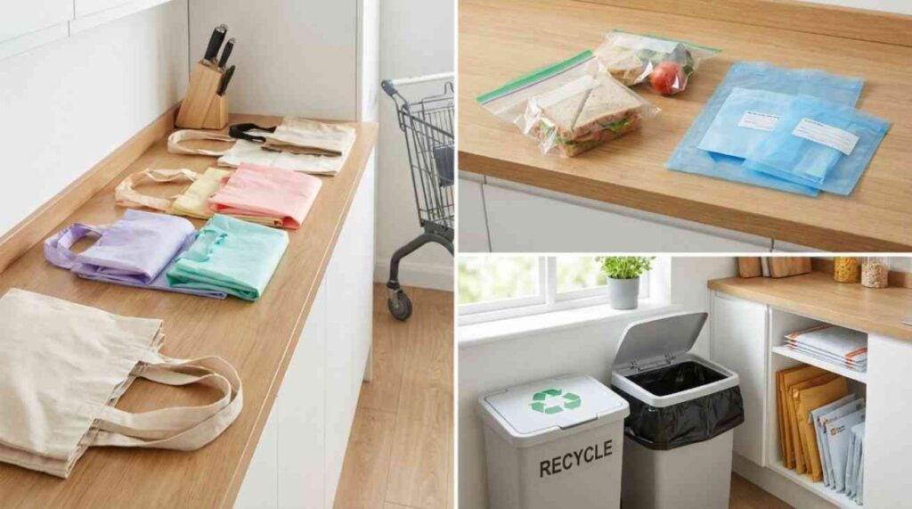 Disposable bags displayed in a clean setting showing convenience, versatility, and safe handling for groceries, food, healthcare, and waste management.