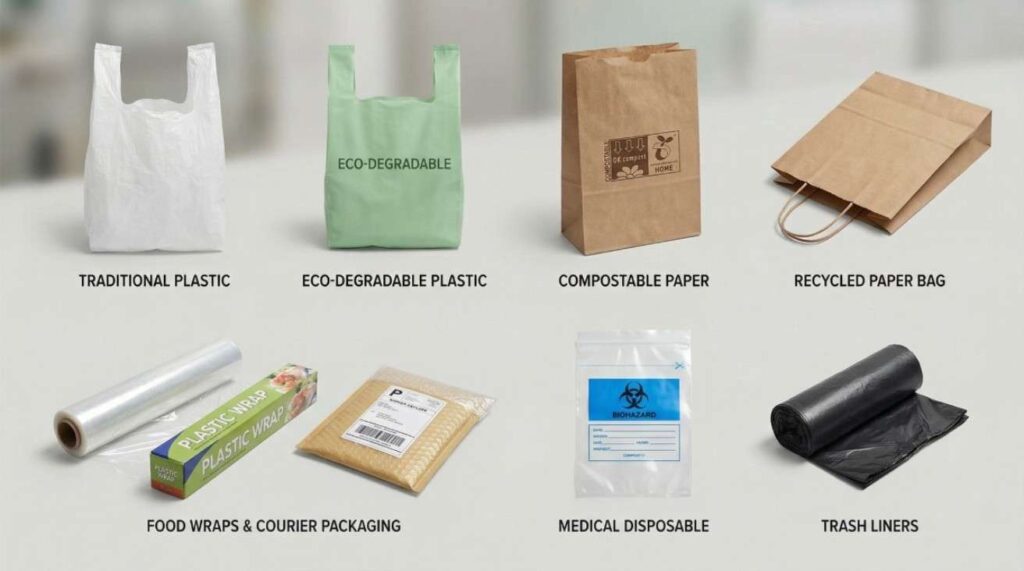 A comparison of different disposable bag types including plastic, eco-degradable, paper, and specialty packaging bags used for daily and commercial purposes.