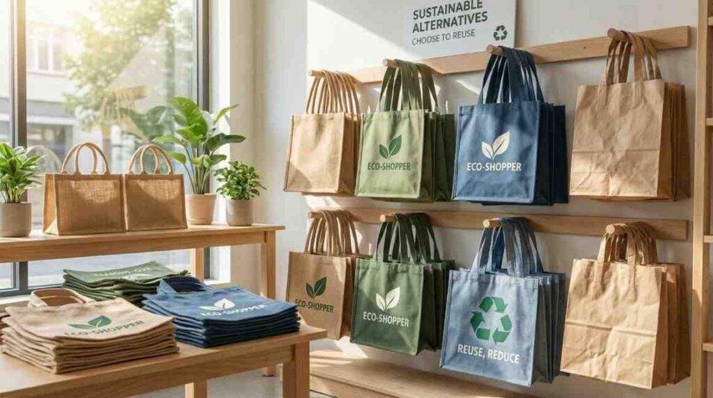 Various eco-friendly bags including reusable, biodegradable, compostable, and paper options displayed in a bright, organized setting promoting sustainable living.