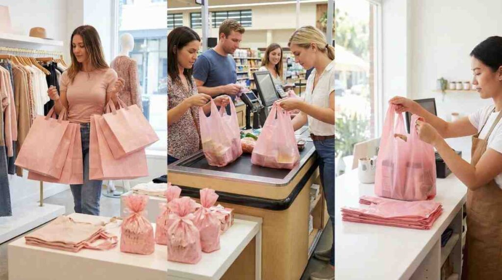 Colored shopping bags being used in retail stores, grocery packing, gift wrapping, and small business packaging.