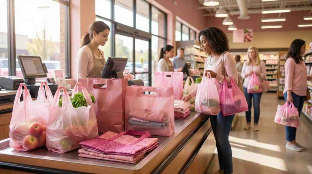 Various pink plastic shopping, carry, grocery, and reusable bags displayed in retail and grocery settings, showing different types, handles, and uses.