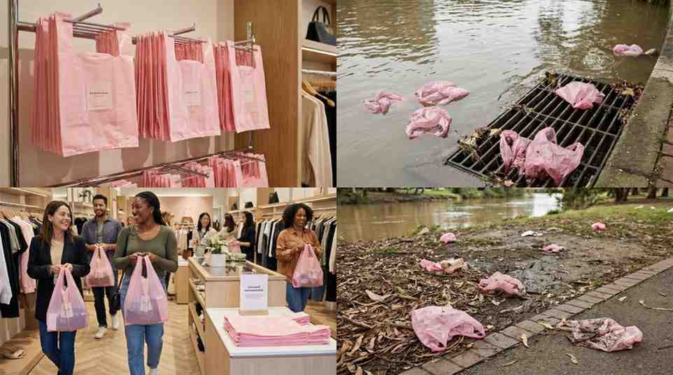 Pink plastic bags shown in retail use, proper storage, and improper disposal near water, illustrating consumer behavior, environmental, and health impacts.