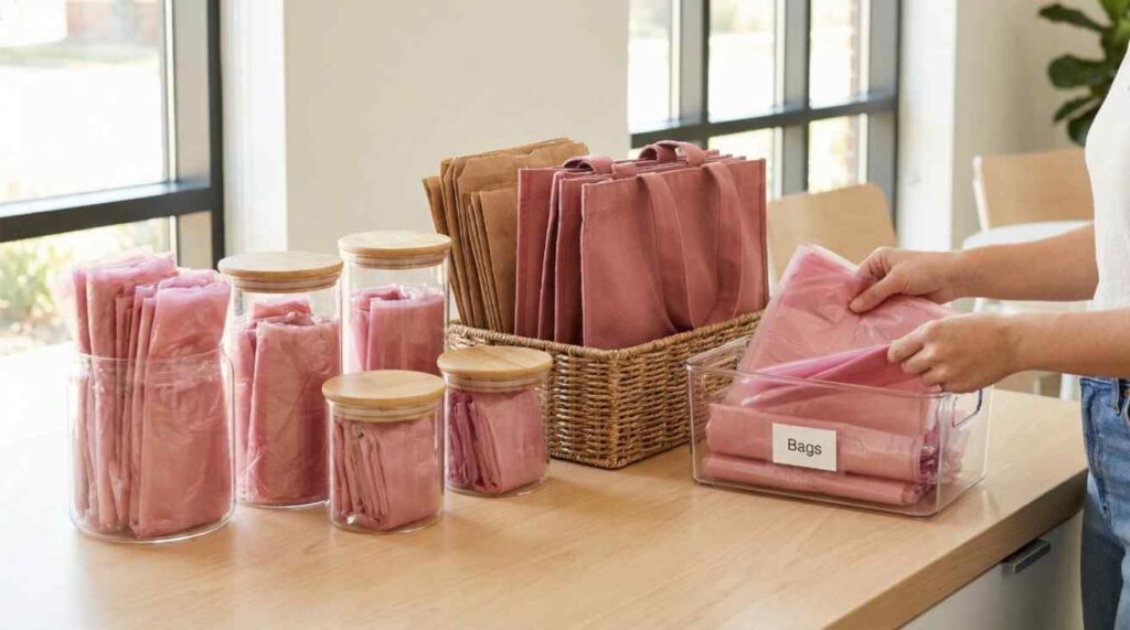 Reusable and recyclable plastic bags being sorted and stored responsibly, illustrating eco-friendly practices and sustainability efforts.