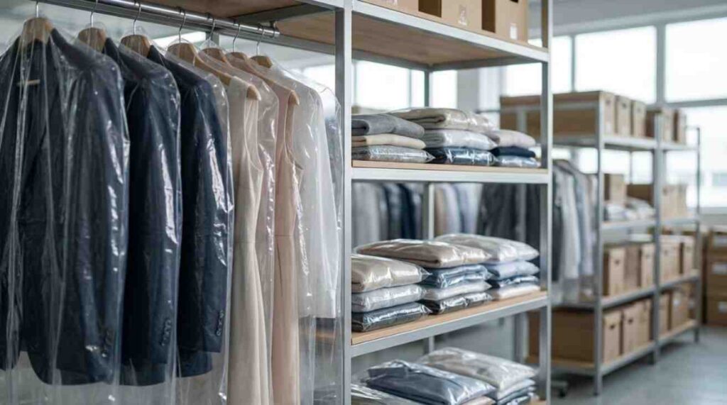 Protective plastic packaging used for hanging and folded garments in retail, storage, and apparel handling environments.