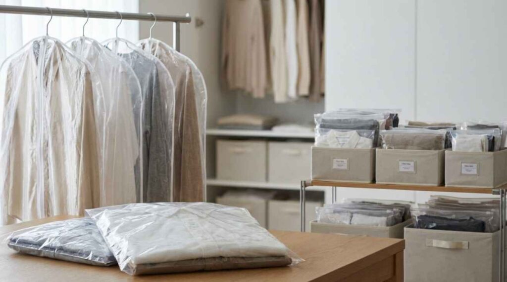 Various plastic packaging bags used to protect clothing from dust, moisture, and damage in retail, storage, and wardrobe settings.