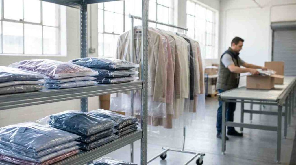 Protective plastic packaging used to keep garments clean, organized, and secure during storage, shipping, and e-commerce handling.