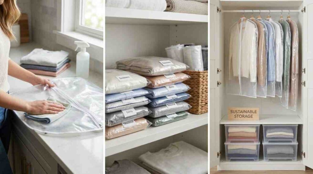 Proper care and reuse of plastic clothing bags to keep garments protected, organized, and stored responsibly.