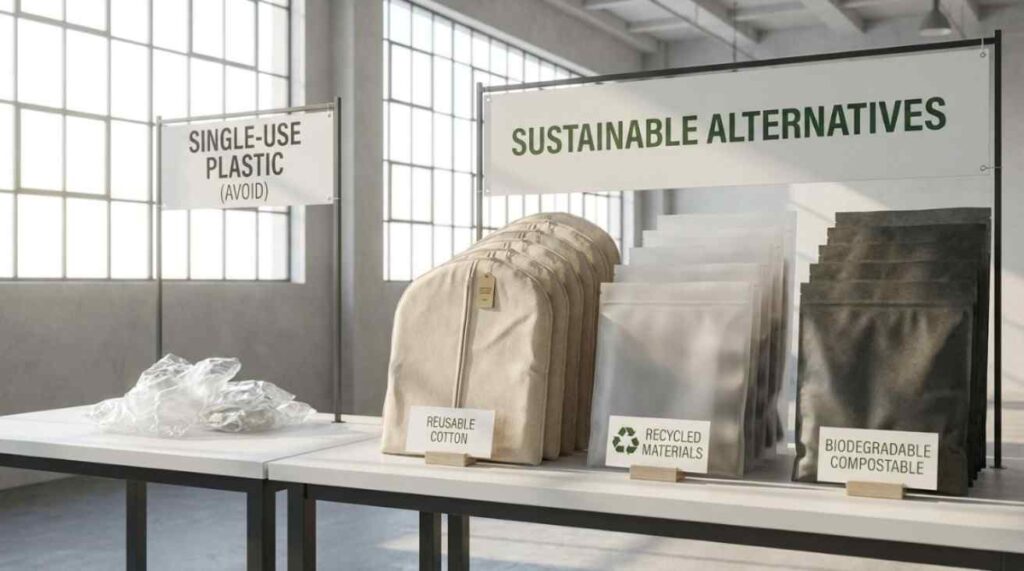 Various sustainable clothing plastic bags, including reusable, recycled, and biodegradable options, highlighting eco-friendly packaging practices.