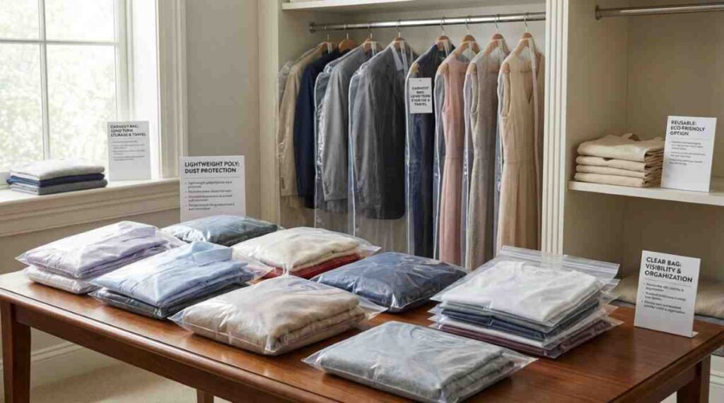 Different types of clothing plastic bags, including poly, hanging, clear, and reusable bags, displayed to guide selection for storage, protection, and sustainability.

If you want, I can also create

a selection guide visual with labeled tips,

an eco-friendly packaging scene, or

a comparison-style image of bag types

Do you want me to do one of these?