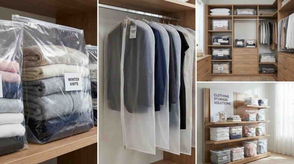 Clothing stored in clear and reusable plastic bags, labeled and organized by season to keep garments protected and tidy.